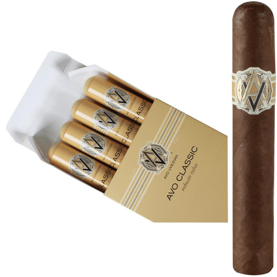 AVO Cigars Classic Robusto Tubos 4 Ct. Box 5.00X50, a set of four wrapped cigars in a yellow box with the AVA logo and a single cigar shown outside the box.
