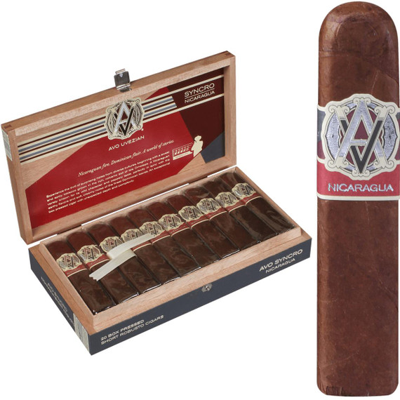 AVO Cigars Syncro Nicaragua Short Robusto 20 Ct. Box 4.00X52, open wooden box containing 20 cigars with a single cigar shown standing upright outside the box.