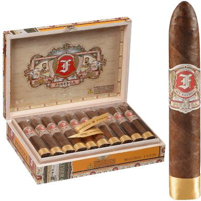 My Father Cigars Fonseca Belicosos 20 Ct. Box, open cigar box with 20 cigars inside and a single cigar placed outside, featuring a wooden finish and detailed labeling.