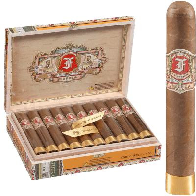 My Father Cigars My Father Fonseca Cigars Toro Gordo 20 Ct. Box, a wooden cigar box open revealing neatly arranged cigars with band labels, alongside a single cigar with band and golden tip.