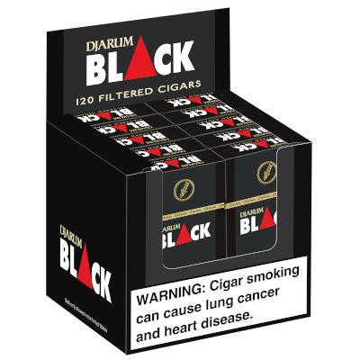 Kretek International Djarum Filtered Clove Cigars Black 10/12 Packs, open box displaying individually wrapped cigars with warning label about health risks.