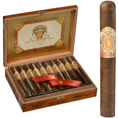 My Father Cigars El Centurion Cigars Robusto 20 Ct. Box, open wooden cigar box with cigars inside and a close-up of a single cigar outside the box.