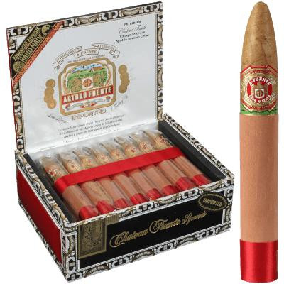 Arturo Fuente Cigars Chateau Fuente Pyramid Natural 25 Ct. Box, open cigar box with 25 cigars neatly arranged inside, and a single cigar standing upright beside the box.