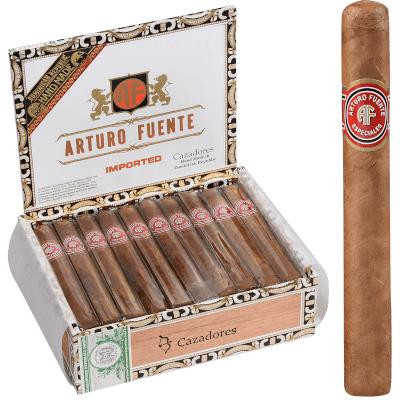 Arturo Fuente Cigars Cazadores 30 Ct. Box, open cigar box with 30 cigars and one individual cigar standing next to it.