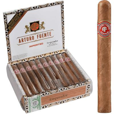 Arturo Fuente Cigars Emperador 30 Ct. Box, open cigar box with 30 cigars and a single cigar standing outside the box.