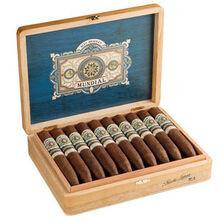 Alec Bradley Cigars Mundial PL#6 10Ct. Box, open wooden cigar box displaying ten cigars inside with branding on each cigar and a blue interior lining.
