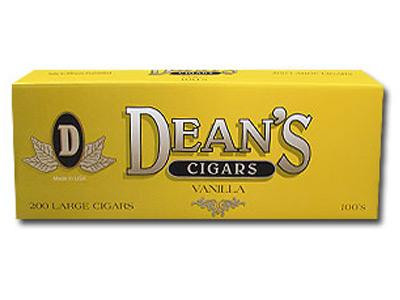Deans Cigars Deans Large Filtered Cigars Vanilla 100's, yellow packaging box with black and white text and logo showcasing 200 large cigars in 10/20 packs.