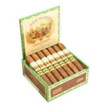 AJ Fernandez New World Cameroon by AJ Fernandez Cigars Doble Robusto 20Ct. Box, opened box displaying neatly arranged cigars with green and gold packaging.