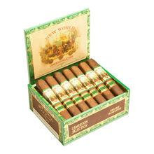 AJ Fernandez New World Cameroon by AJ Fernandez Cigars Gordo 20Ct. Box, open cigar box showing neatly arranged cigars with green and gold packaging inside a decorative box.