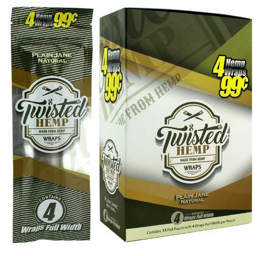 Twisted Wraps Twisted Hemp Wraps Plain Jane 15 Pouches of 4, hemp wraps product packaging showing full box and individual pouch with branding and product details.