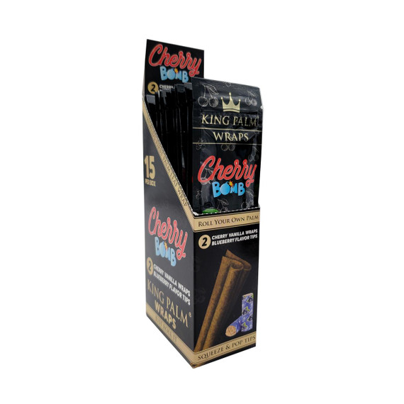 King Palm XL Wraps Cherry Bomb 15/2 Pk, product packaging showing cherry flavored wraps and flavor tips for rolling.
