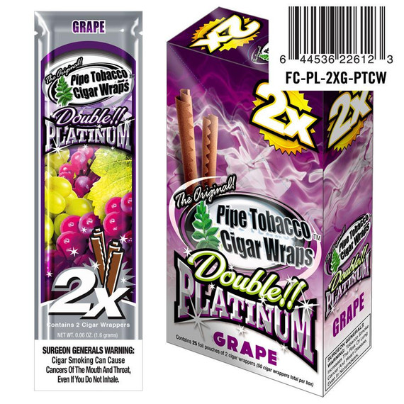 National Almond Honey Double Platinum Blunt Wraps Grape, image of a box and pack of grape-flavored pipe tobacco cigar wraps with purple and white packaging, featuring grape illustrations and product branding.