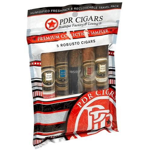 Pinar del Rio Humidified 5 Cigar Sampler, pack of five cigars in a resealable travel pack with labels and branding.