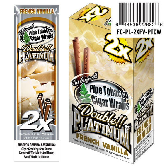 National Almond Honey Double Platinum Blunt Wraps French Vanilla, packaging of cigar wraps with image of cinnamon flavored rolls and the product logo.