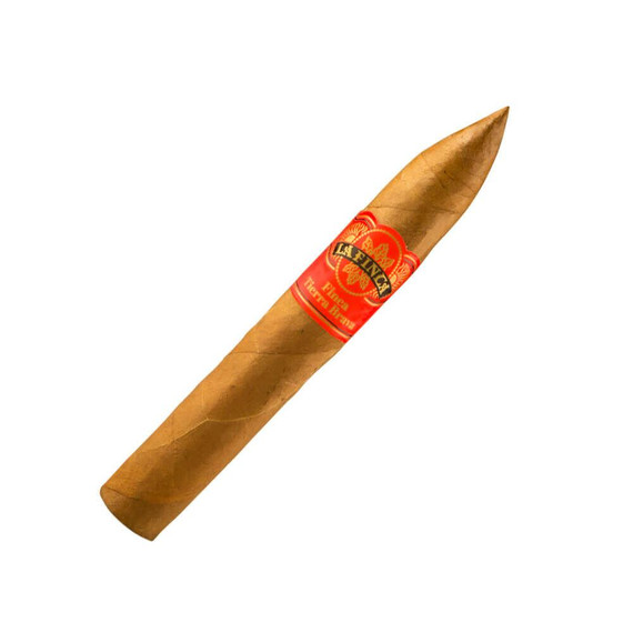 La Finca Tierra Brava Torpedo Cigars 20Ct. Box, a premium cigar with a torpedo shape and a red band featuring the La Finca logo, set against a white background.