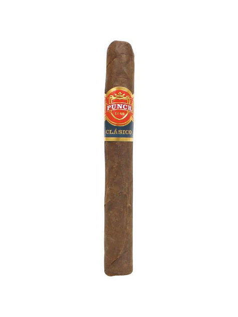 Punch London Club Cigars Maduro 25Ct. Box, a single cigars with a brown wrapper and a colorful band displaying the Punch logo and the word 'Clásico'.