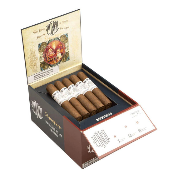 Punch Signature Rothschild Cigars 18Ct. Box, open cigar box containing 18 cigars with white bands, black packaging with gold and white lettering, and a warning label inside the lid.