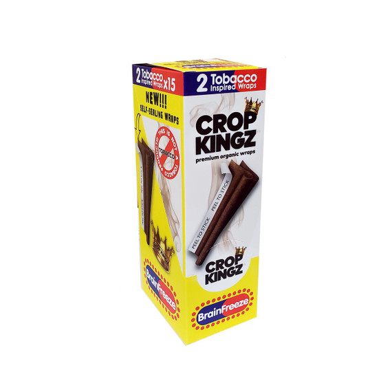 Crop Kingz Premium Organic Hemp Wraps - Brain Freeze, packaging showing two self-sealing tobacco-inspired wraps inside a colorful box with branding and product description.