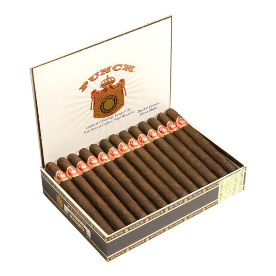 Punch Double Corona Maduro Cigars 25Ct. Box, open box displaying 25 hand-made Maduro cigars with red and white bands inside a branded white and black packaging.