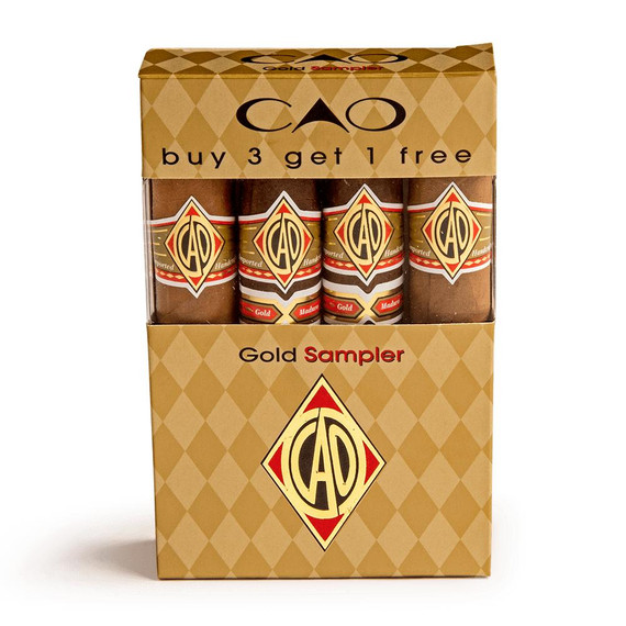 CAO Gold Cigars Sampler 4 Ct, a box of four cigars with gold and red labeling, promotional offer of buy 3 get 1 free, in a gold geometric-patterned packaging.