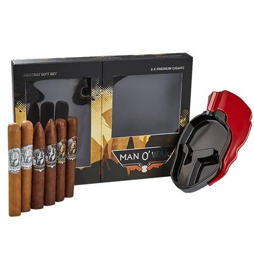 Man O' War Gift Box & Ashtray Cigars Sampler, featuring a variety of cigars and a stylish ashtray in a sleek black and red design.