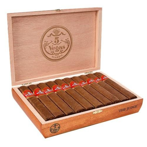 5 Vegas Classic The Judge Cigars 20Ct. Box, image showing a wooden box filled with 20 cigars, each with a red and white band, and the box lid displaying the 5 Vegas Classic logo.