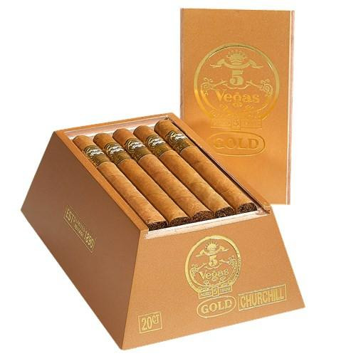 5 Vegas Gold Churchill Cigars 20Ct. Box, a golden-colored box containing 20 cigars with a matching lid display with the brand's logo and product details.