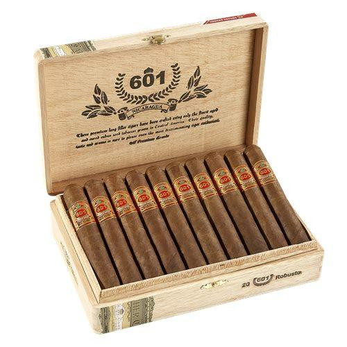 601 Serie Red Robusto Cigars 20Ct. Box, wooden cigar box containing 20 cigars with red and gold bands, opened to display the cigars inside.