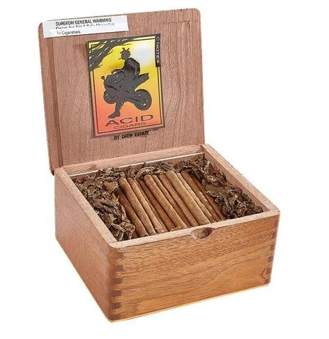 Drew Estate ACID Cigars by Drew Estate c-notes 100Ct. Box, opened wooden cigar box with cigars inside and packaging label with colorful graphic design.