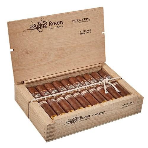 Aging Room Pura Cepa Rondo Cigars 20Ct. Box, wooden cigar box with 20 cigars neatly arranged inside, featuring a natural wood finish and branding on the lid and front.