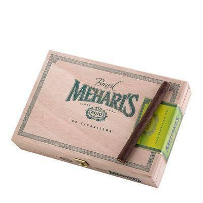 Agio Mehari's Brasil Cigarillos 50Ct. Box, a wooden box with a cigarillo partially out of the pack, showcasing the product branding and packaging.