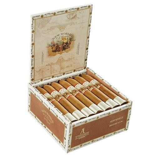 AJ Fernandez New World Connecticut by AJ Fernandez Belicoso Cigars 20Ct. Box, open cigar box showing rows of Belicoso cigars with white and floral band labels.