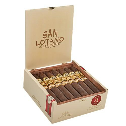 AJ Fernandez San Lotano Oval Maduro Torpedo Cigars 20Ct. Box, open box displaying 20 cigars with dark Maduro wrappers in a cream-colored box with branding and logo.