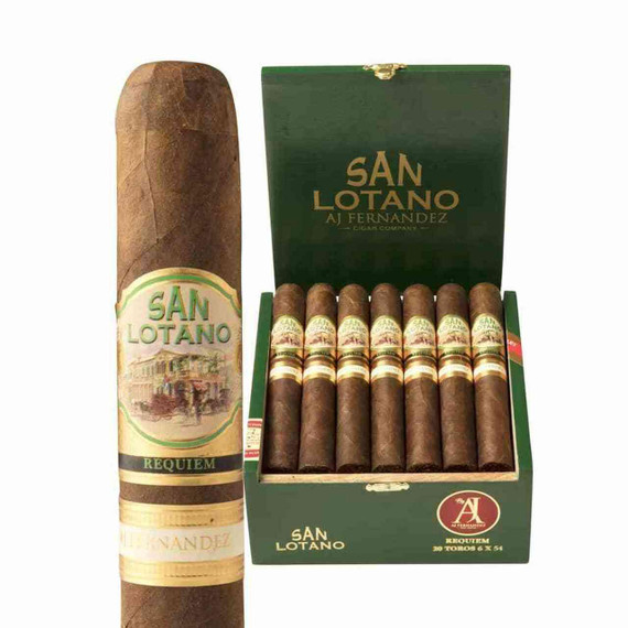 AJ Fernandez San Lotano Requiem Toro Cigars 20Ct. Box, a box of 20 cigars with green packaging and detailed labels, along with a single cigar featuring a colorful band with the San Lotano logo and artwork.