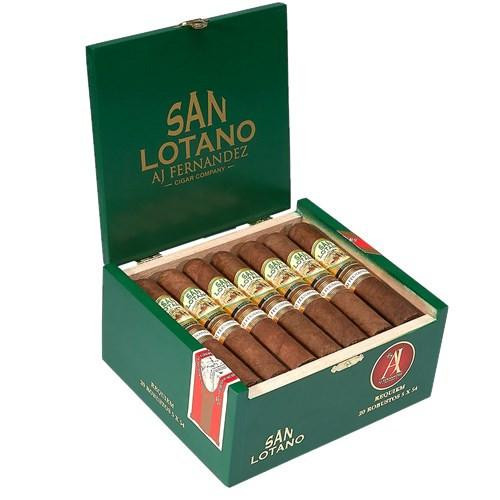 AJ Fernandez San Lotano Requiem Robusto Cigars 20Ct. Box, green cigar box with open lid showcasing ten cigars with gold and white bands.