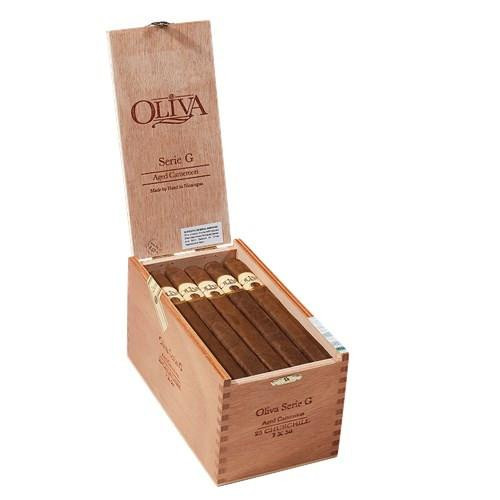 Oliva Cigars Oliva Serie G Cameroon Churchill Cigars 25Ct.Box-Press, open wooden box displaying 25 cigars with bands in a neat row.
