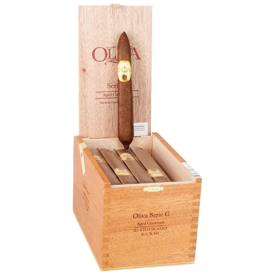 Oliva Cigars Oliva Serie G Cameroon Figurado Cigars 25 Ct. Box, wooden cigar box with a single cigar displayed and three cigars inside.