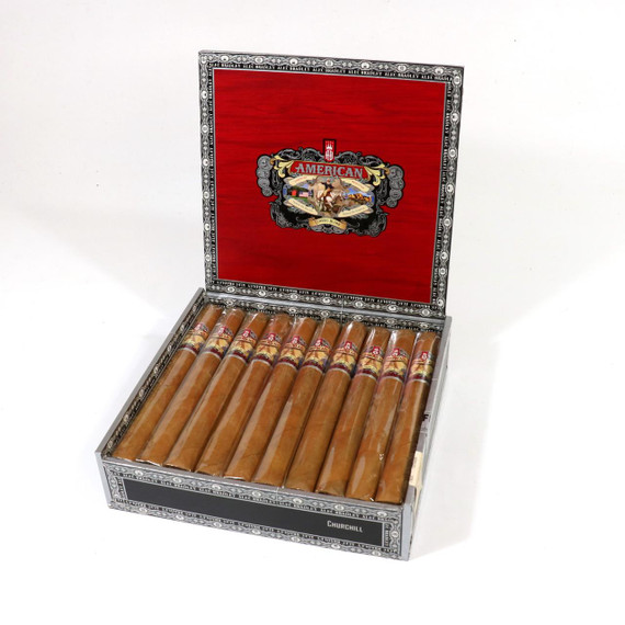 Alec Bradley American Classic Blend Churchill Cigars 24Ct. Box, open box of cigars with a red interior and decorative label on each cigar.