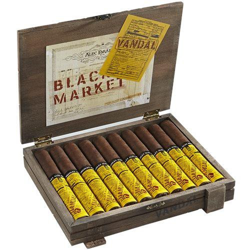 Alec Bradley Black Market Vandal Belicoso Cigars 10Ct. Box, open wooden cigar box containing ten cigars with yellow and black bands, with a decorative interior lid featuring the product branding.