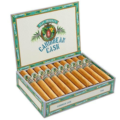 Alec Bradley Caribbean Cask Toro Cigars 20Ct. Box, open cigar box displaying evenly arranged premium cigars with colorful branding and tropical-themed design.