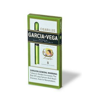 Swedish Match Garcia Y Vega Cigarillos Pack, green and white cigarette pack with a Surgeon General Warning label and a graphic illustration on the front.