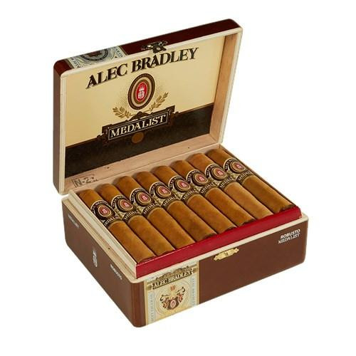 Alec Bradley Medalist Robusto Cigars 24Ct. Box, open cigar box showcasing twelve robusto-sized cigars with branded bands inside a premium wooden case.