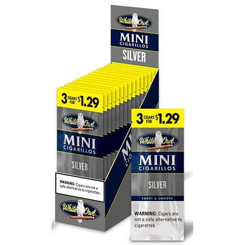 Swedish Match White Owl Mini Cigarillos Silver 15PK, display box with yellow and black mini cigarillos and promotional price tags.