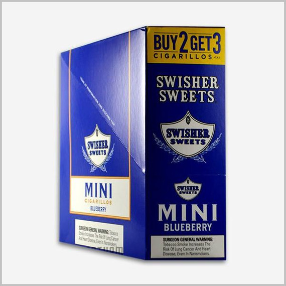 Swisher International Swisher Sweets Mini Cigarillos Foil Blueberry 15/3, blue packaging of mini cigarillos with blueberry flavor and promotional deal buy 2 get 3.