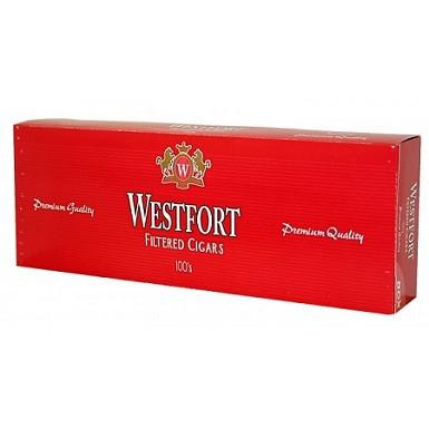 WestPort Tobacco Westfort Filtered Cigars Full Flavor, red box packaging with gold and white branding and logo.