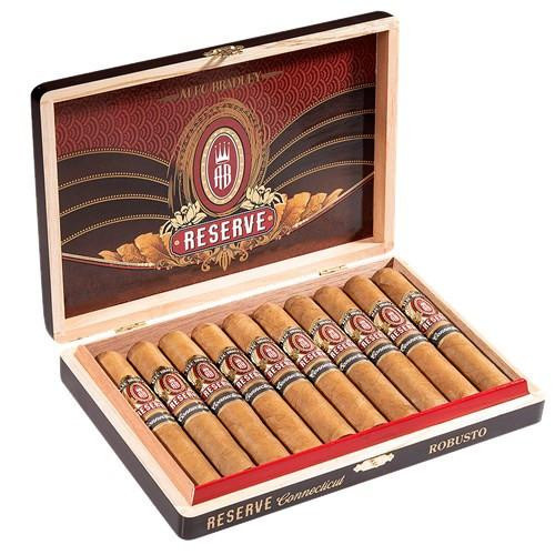 Alec Bradley Reserve Connecticut Robusto Cigars 10Ct. Box, open wooden cigar humidor displaying ten cigars with branded bands, decorative logo interior, and stylish packaging.