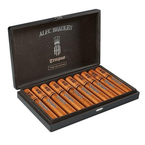 Alec Bradley Tempus Tubo Cigars 10Ct. Box, a black wooden cigar box opened to reveal ten neatly arranged cigars with light brown wrappers and black and blue branding.