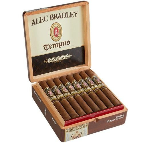 Alec Bradley Tempus Genesis Cigars 24Ct. Box, open wooden cigar box filled with neatly arranged cigars with decorative bands.
