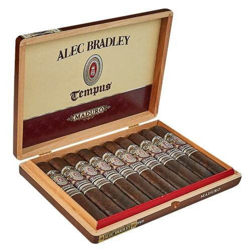 Alec Bradley Tempus Maduro Quadrum Cigars 10Count Box, open wooden cigar box displaying ten Maduro cigars with decorative bands