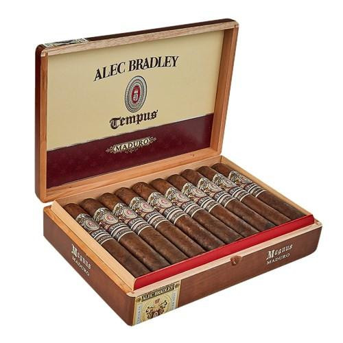 Alec Bradley Tempus Maduro Magnus Cigars 20Ct. Box, wooden cigar box open displaying a row of 20 cigars with decorative bands.